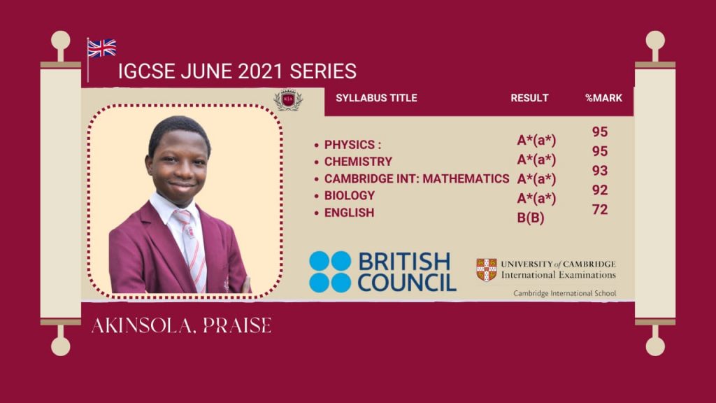 KIA Awards from British Council for Akinsola Praise on his achievement in IGCSE June, 2021