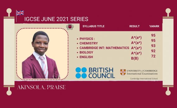 KIA Awards from British Council for Akinsola Praise on his achievement in IGCSE June, 2021